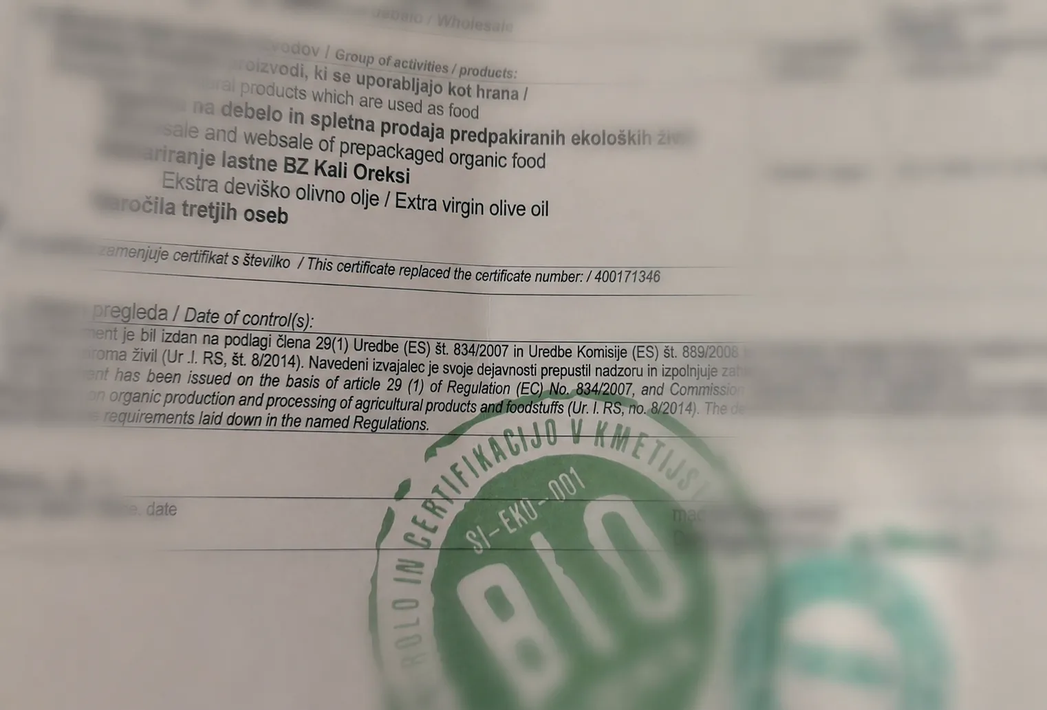 Ekološki certifikat inštituta KON-CERT za ekstra deviško oljčno olje Kali Oreksi z žigom SI-EKO-001
