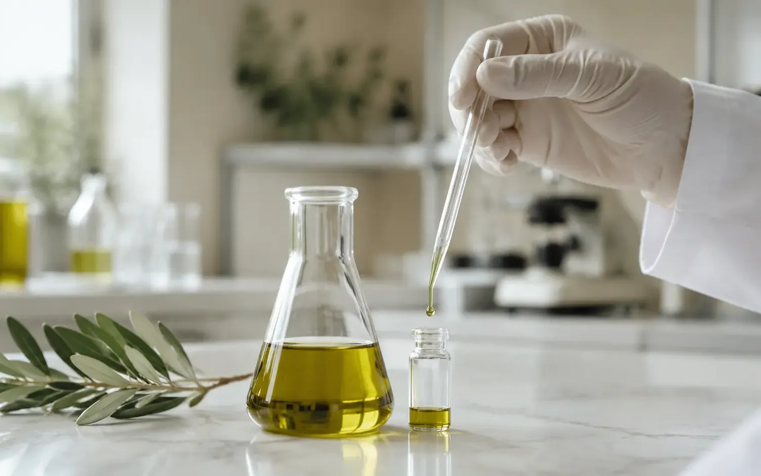 Merjenje vzorca oljčnega olja v laboratoriju: erlenmajerica z oljem, pipeta v rokavici in vejica oljke