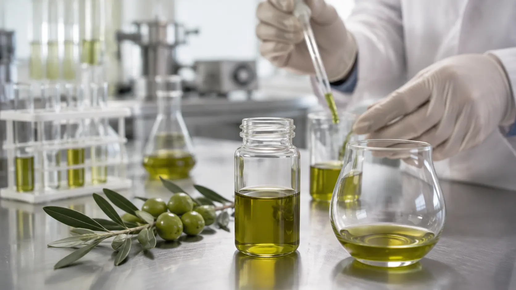 Preverjanje vzorca oljčnega olja v laboratoriju: kozarček olja, pipeta in vejica z zelenimi olivami