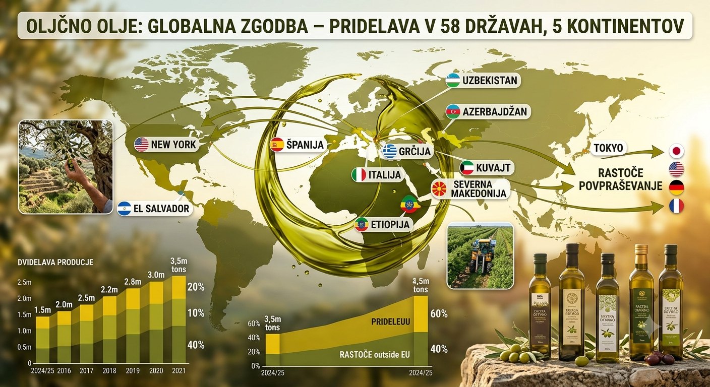 Infografika z zemljevidom sveta, zastavicami držav pridelovalk in stolpci ob steklenicah olja