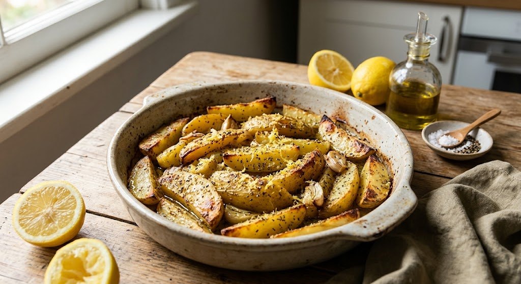 Pečen krompir po grško v keramičnem pekaču: zlati krhlji z origanom, limonino lupinico in česnom, ob njem limone in steklenička oljčnega olja
