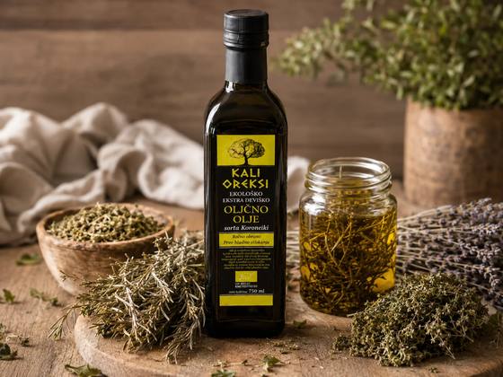 Steklenica oljčnega olja Kali Oreksi in kozarec olja z vejicami rožmarina, ob njem suh origano in sivka na leseni mizi