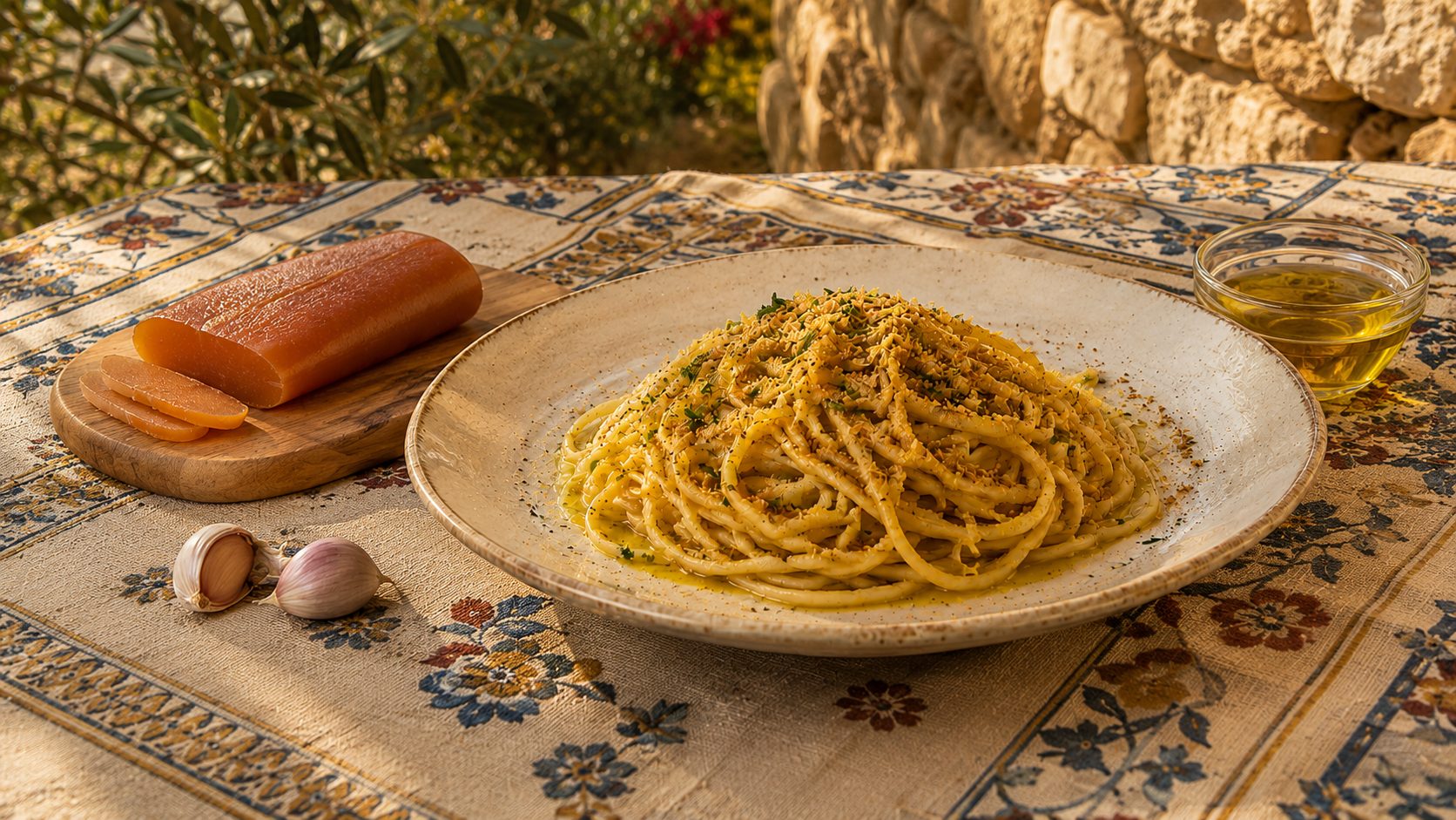 Krožnik špagetov z naribano bottargo na sicilijanski namizni podlogi, ob njem kos bottarge na leseni deski, dva stroka česna in skodelica oljčnega olja